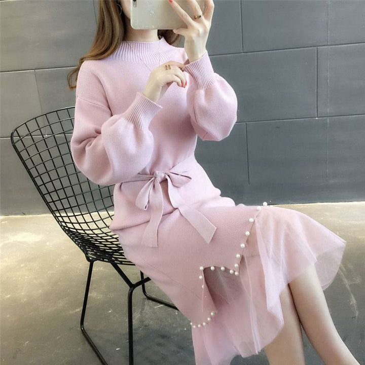 Damen elegantes Strickkleid mit Taillengürtel und dekorativem Saum Drune