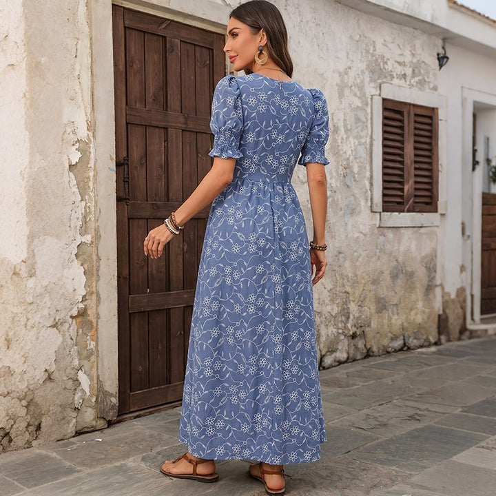 Damen Langes Leichtes Sommer-Maxikleid mit quadratischem Ausschnitt, Puffärmeln und floraler Stickoptik Drune