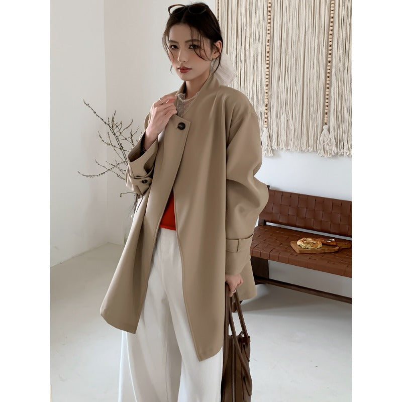 Damen Kurzer Oversize-Mantel mit Bindegürtel, breiten Pattentaschen und legerer Schulter Drune