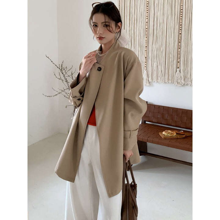Damen Kurzer Oversize-Mantel mit Bindegürtel, breiten Pattentaschen und legerer Schulter Drune