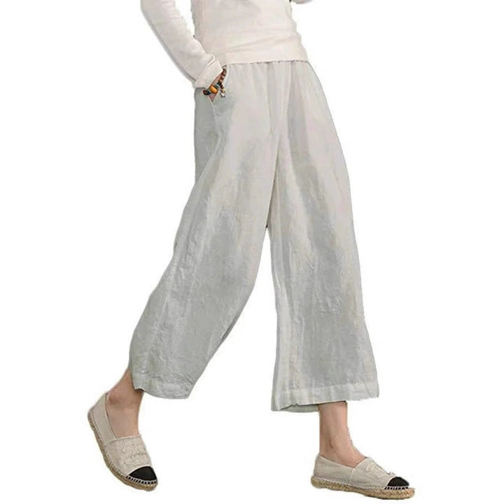 Damen weite Leinenhose mit seitlichen Taschen und elastischem Bund Drune