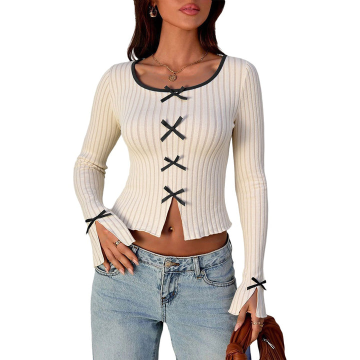 Damen geripptes Cropped-Strickjäckchen mit Zierschleifen, Wellensaum und geschlitzter Vorderpasse Drune