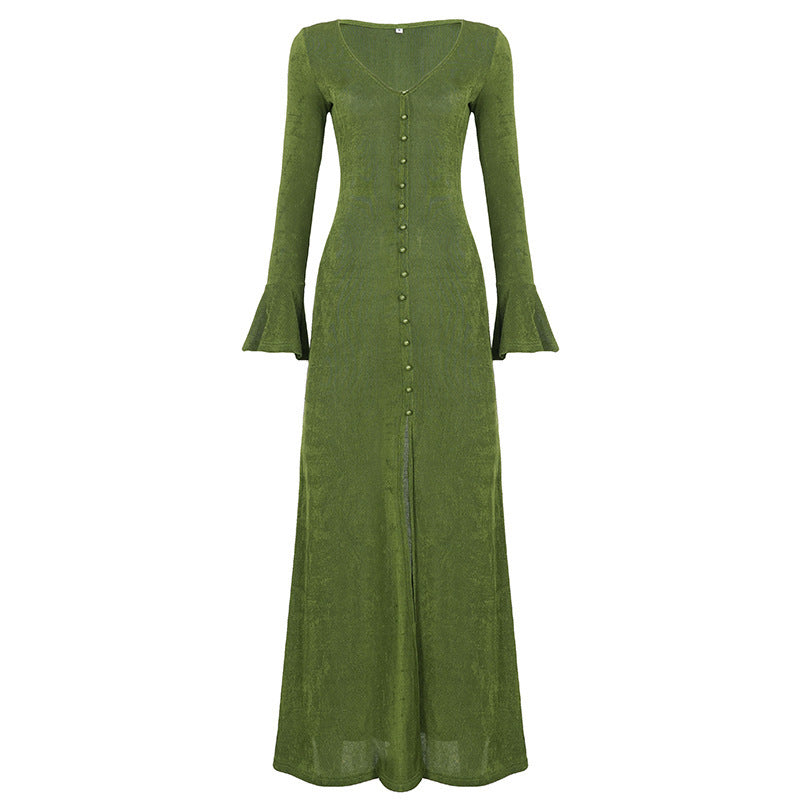 Damen Maxikleid mit figurbetonter Silhouette, durchgehender Zierknopfleiste und Glockenärmeln Drune