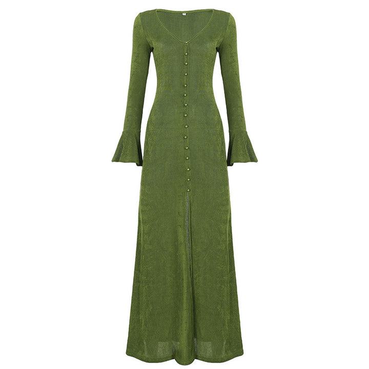 Damen Maxikleid mit figurbetonter Silhouette, durchgehender Zierknopfleiste und Glockenärmeln Drune