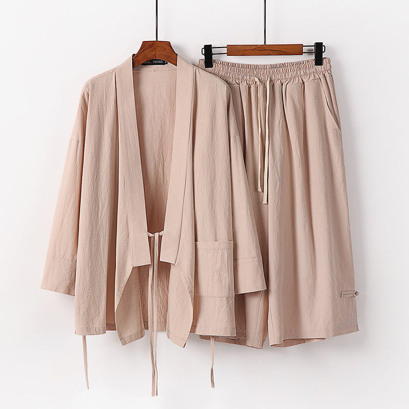 Damen Zen-Kimono-Lounge-Set aus atmungsaktivem Baumwollmix mit Bindebandjacke und weiten Culotte-Hose Drune