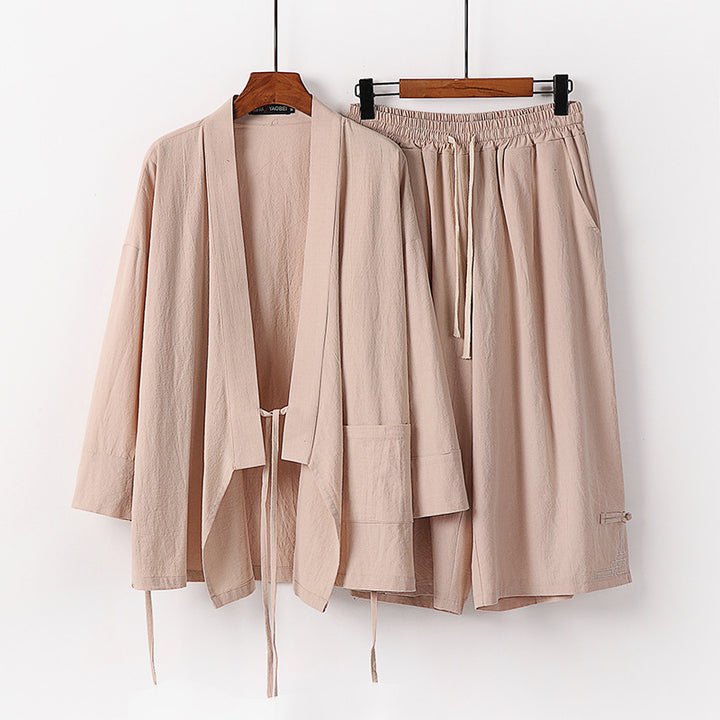 Damen Zen-Kimono-Lounge-Set aus atmungsaktivem Baumwollmix mit Bindebandjacke und weiten Culotte-Hose Drune