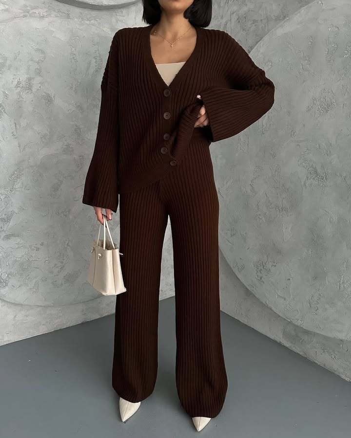 Damen Gerippter Strick‑Zweiteiler mit Oversized‑Cardigan und High‑Waist‑Sweathose Drune
