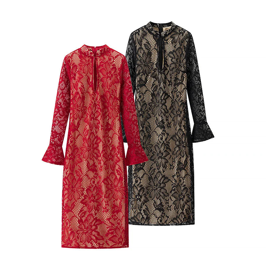 Damen nan florales Spitzen-Midikleid mit gefüttertem Nude-Unterkleid, Stehkragen, V-Schlitz und Glockenärmeln Drune
