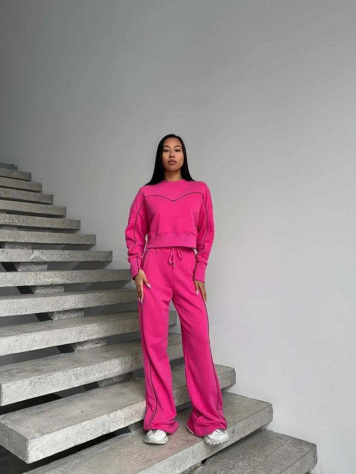 Damen lässiges Fleece-Set mit gemütlichem cropped Oberteil und weiten Hosen Drune