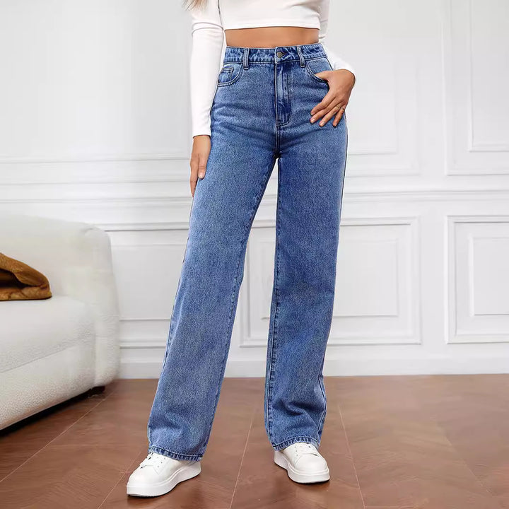 Damen Weit geschnittene High-Waist Jeans mit lässigem Look und klassischen Taschen Drune