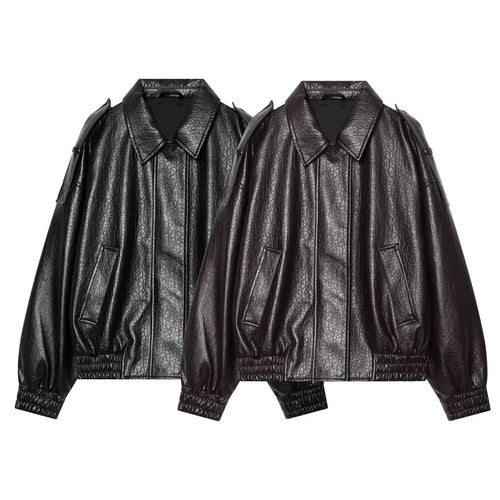 Damen Oversized Kunstleder-Bomberjacke mit Schulterklappen und gerafftem Saum Drune