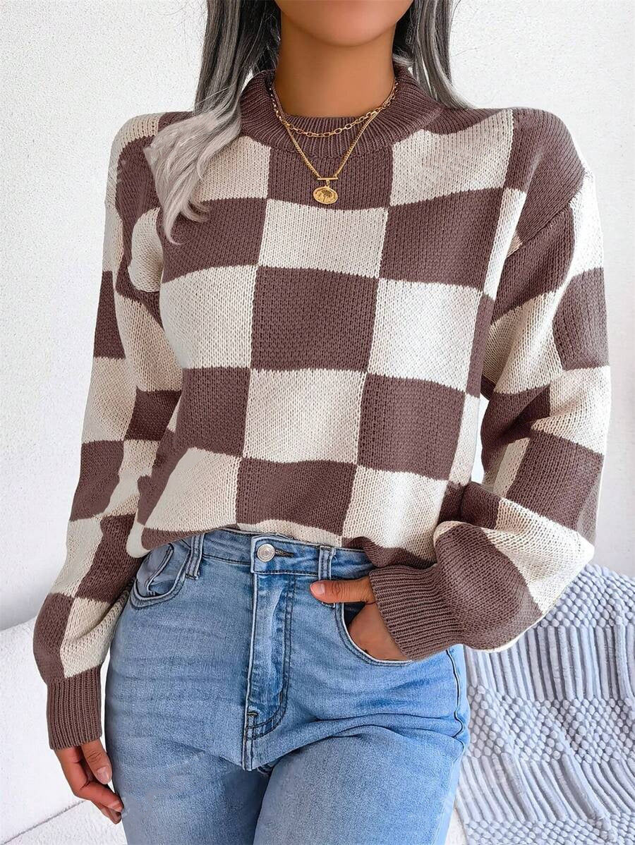 Damen lässiger pullover mit Karo-Muster und weiten Ärmeln Drune