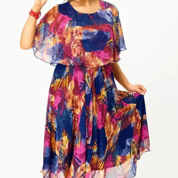 Damen Chiffon Midi Kleid mit capa Ärmeln und elastischem Taillenbund Drune