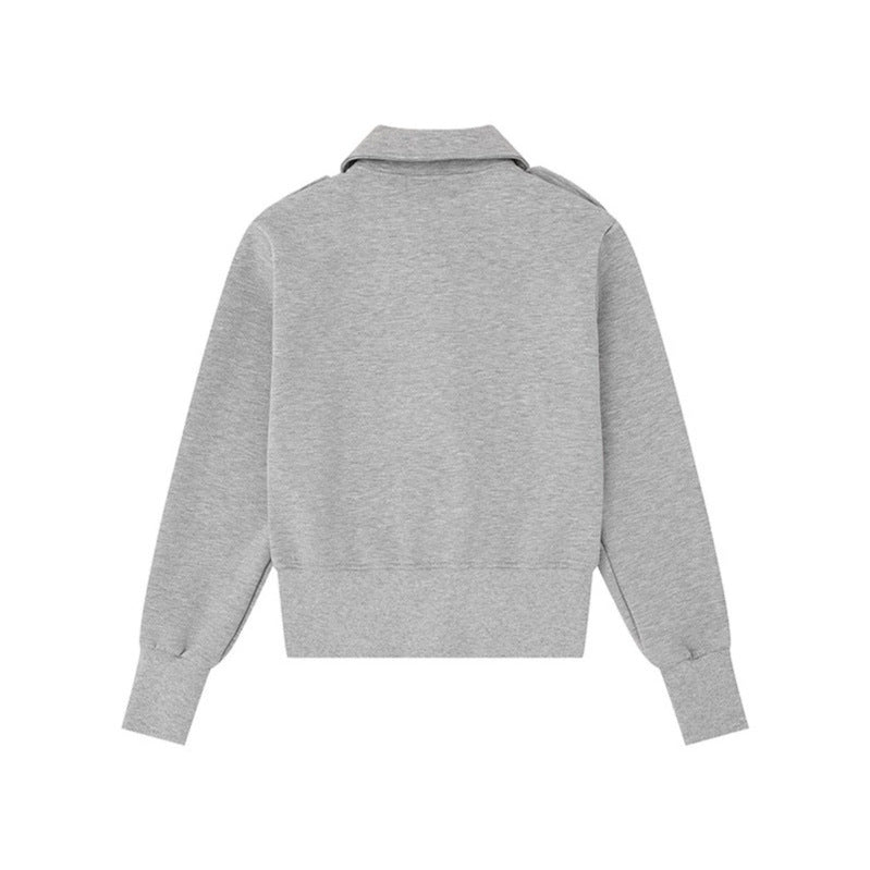 Damen Kurz geschnittene Sweatjacke mit Hemdkragen Schulterklappen und Lederpatch Drune