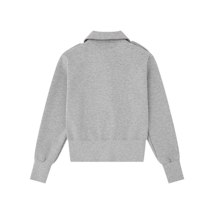 Damen Kurz geschnittene Sweatjacke mit Hemdkragen Schulterklappen und Lederpatch Drune