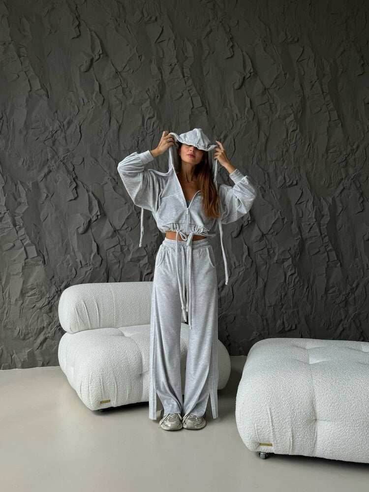 Damen Cropped Kapuzenjacke mit Kordelzug und weitem Split-Hose Lounge-Set Drune