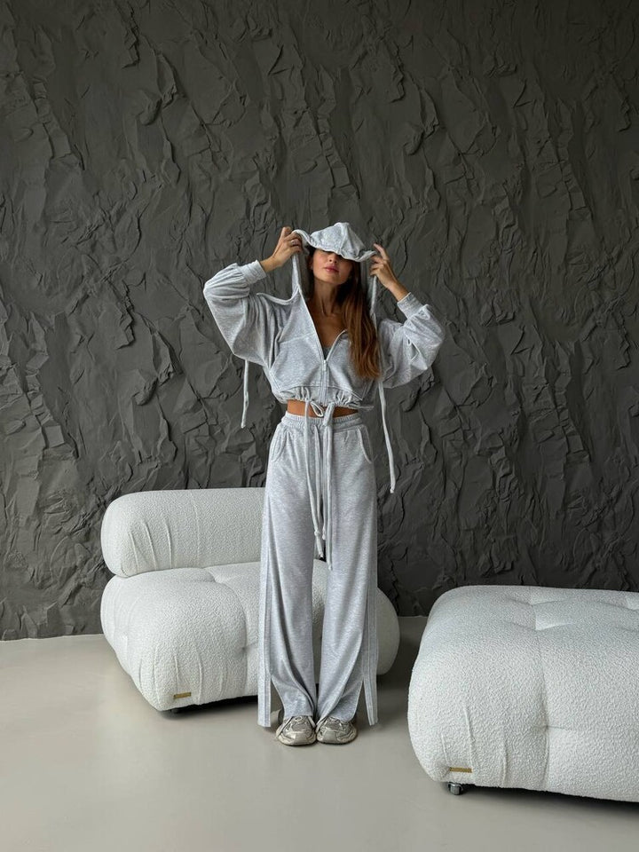 Damen Cropped Kapuzenjacke mit Kordelzug und weitem Split-Hose Lounge-Set Drune