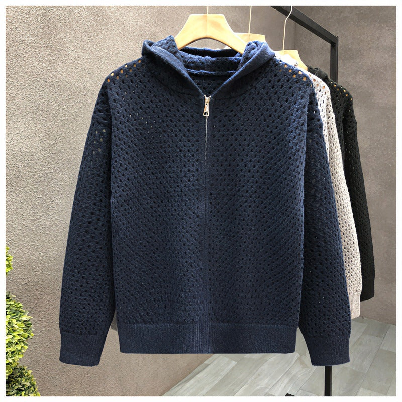 Unisex Leichte Lochstrick-Kapuzenzipjacke mit Ajourmuster Drune