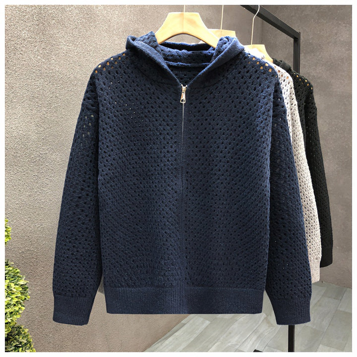 Unisex Leichte Lochstrick-Kapuzenzipjacke mit Ajourmuster Drune