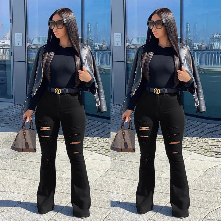 Damen High-Waist Schlaghose im Stretch-Denim mit mehrfachem Destroyed-Effekt Drune