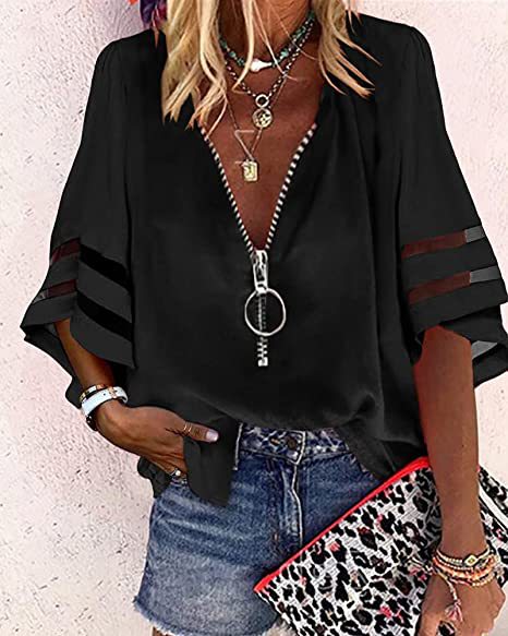 Damen V‑Ausschnitt Bluse mit dekorativem Ringreißverschluss und Cut-Out-Ärmeln Drune
