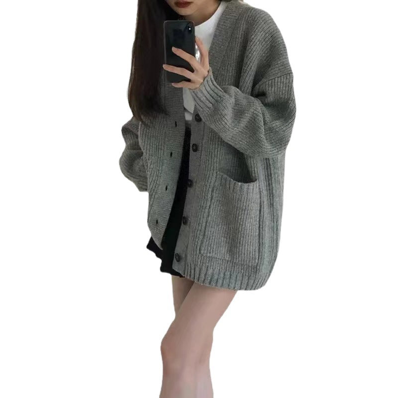 Damen oversized Strickjacke mit Knopfverschluss und praktischen Taschen Drune