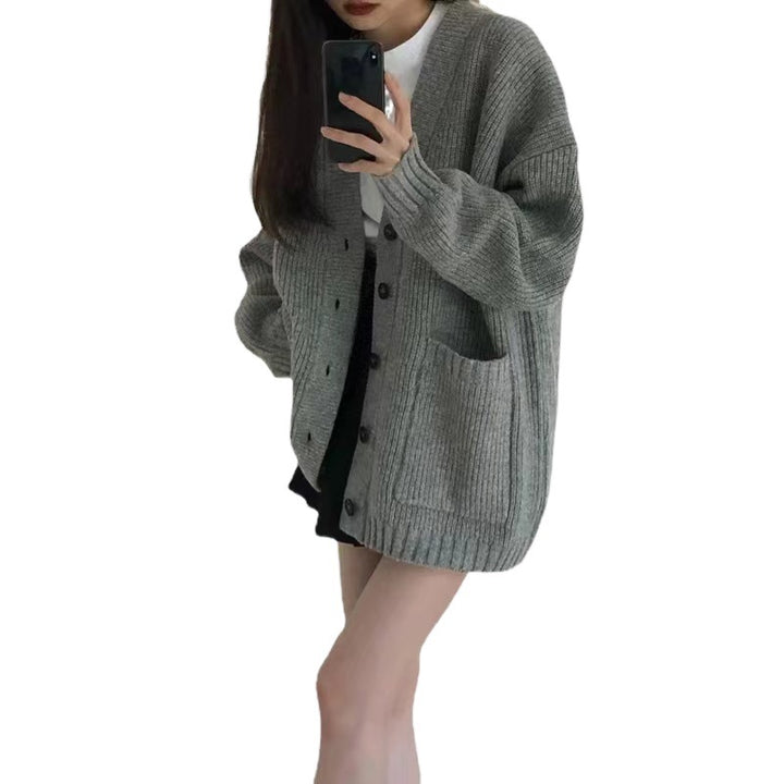 Damen oversized Strickjacke mit Knopfverschluss und praktischen Taschen Drune