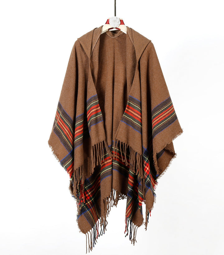 Damen Kapuzen‑Capeponcho im Tartanmuster mit Fransensaum aus weichem Wollmix Drune