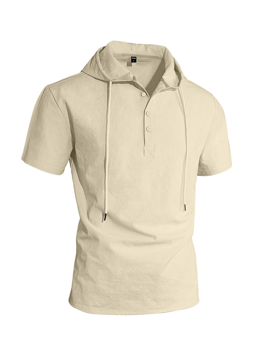 Herren nan kurzärmeliges Kapuzen-Henley aus Slub-Baumwolle mit verdeckter Knopfleiste und Kordelzug Drune