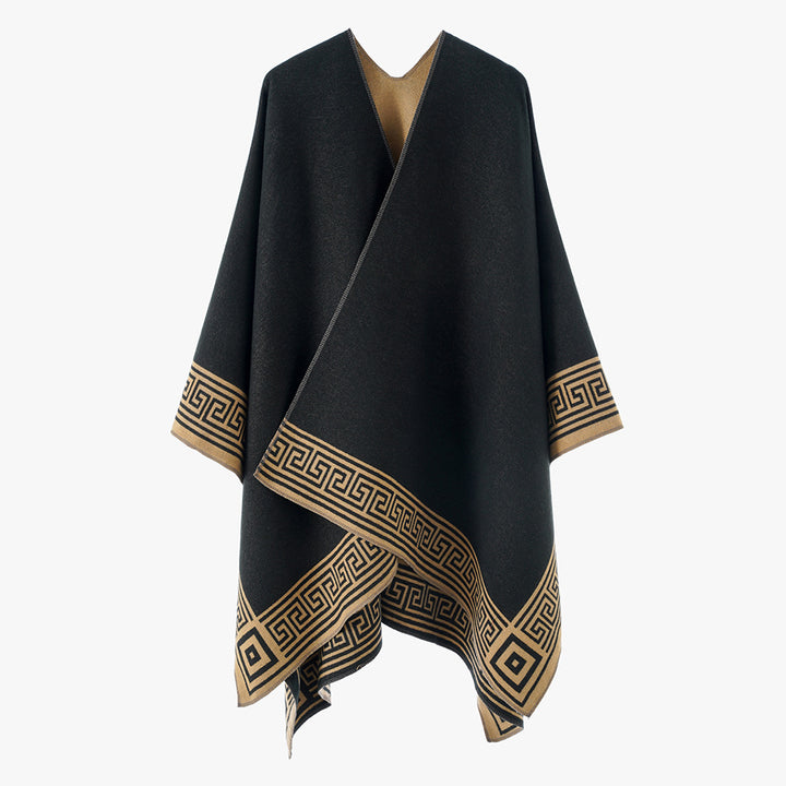 Damen Oversize-Capeponcho im Wickelstil mit Mäanderbordüre und kastiger Silhouette Drune