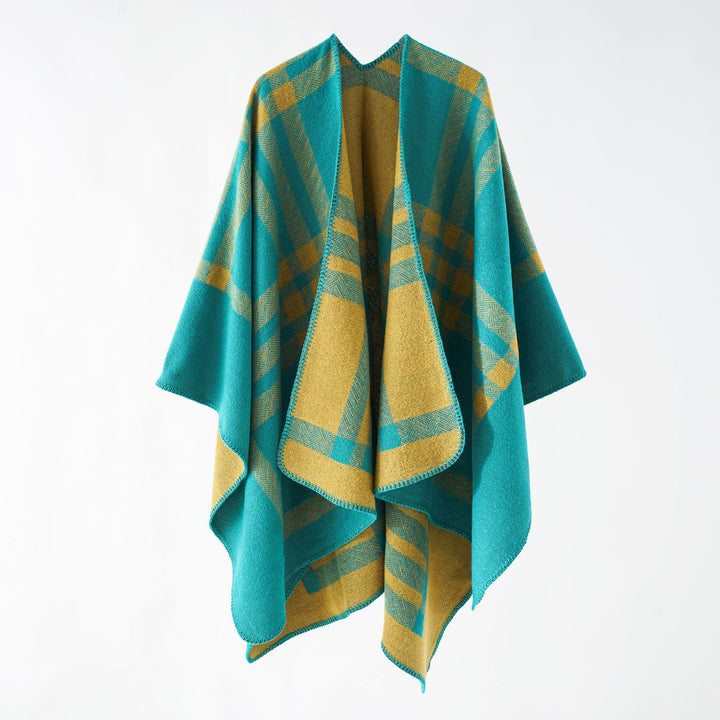 Damen Oversize-Webponcho im kastigen Kimono-Fall mit geometrischer Karo-Struktur Drune