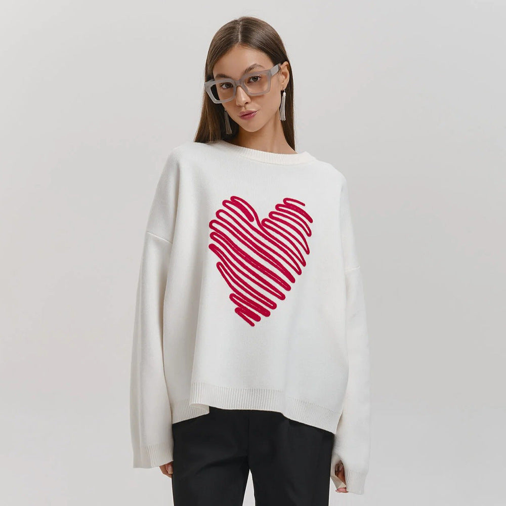 Damen Oversized Pullover mit Herzmuster Drune