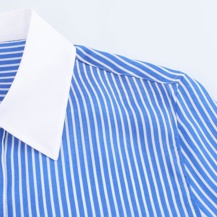 Drune | Modische Blau Weiß Gestreifte Revers Vielseitige Bluse
