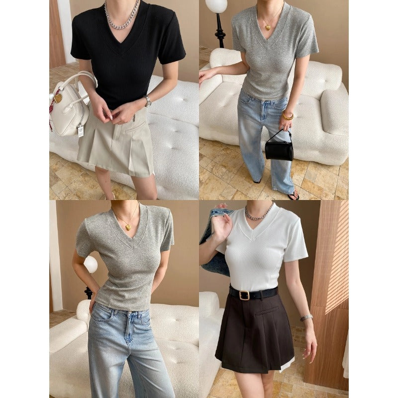 Damen figurbetontes V-Ausschnitt T-Shirt aus hochwertigem Rippstrick Drune