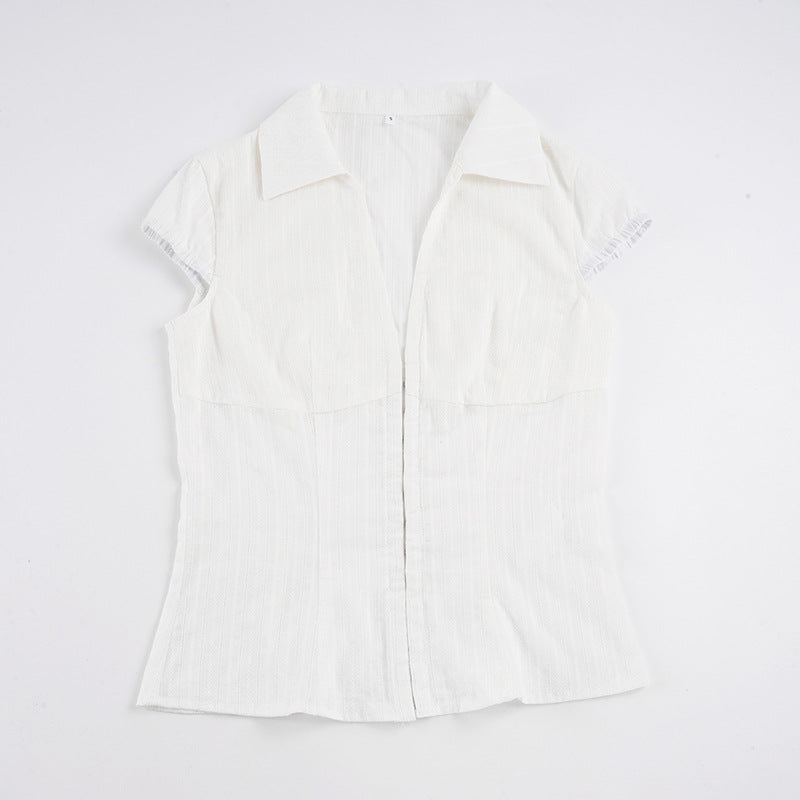 Damen Elegantes kurzärmliges Blusenshirt mit schickem Stehkragen und Reißverschluss Drune
