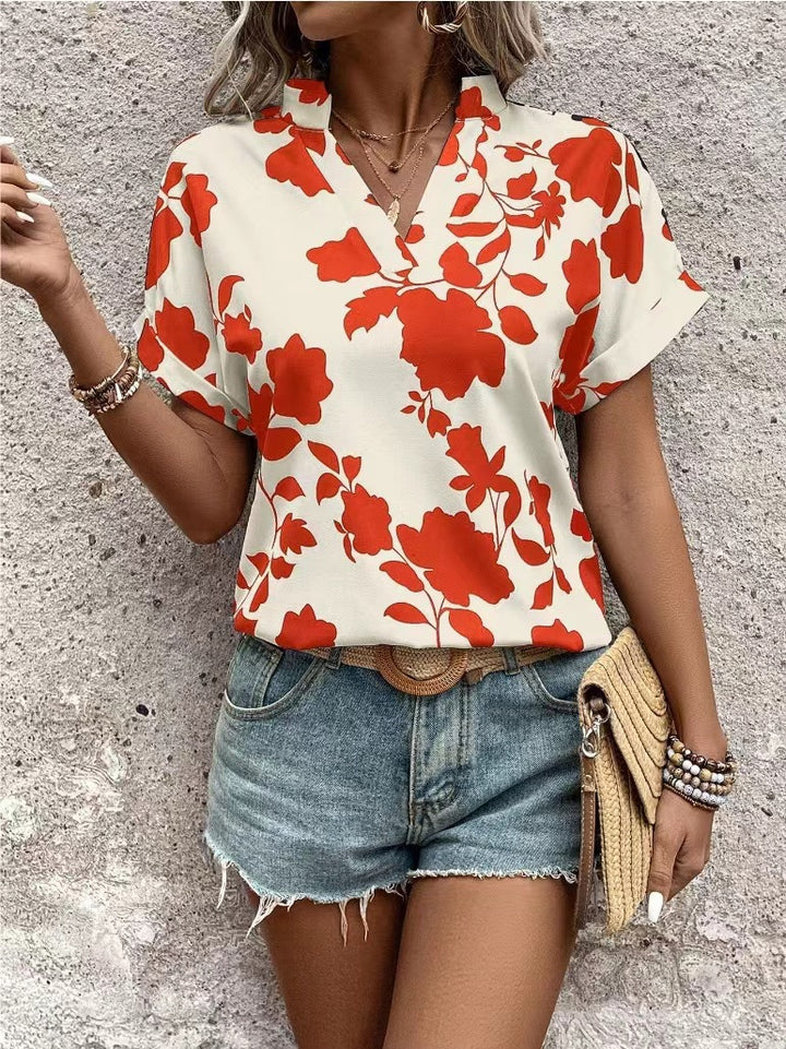 Damen Bluse mit kreativem Pinselstrich-Muster und modernem V-Ausschnitt Drune