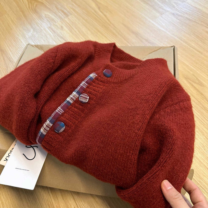 Damen modische Strickjacke mit Karomuster und praktischen Knöpfen Drune