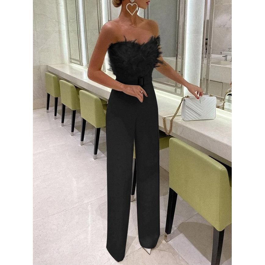 Damen Eleganter Jumpsuit mit Federn und Taillengürtel Drune