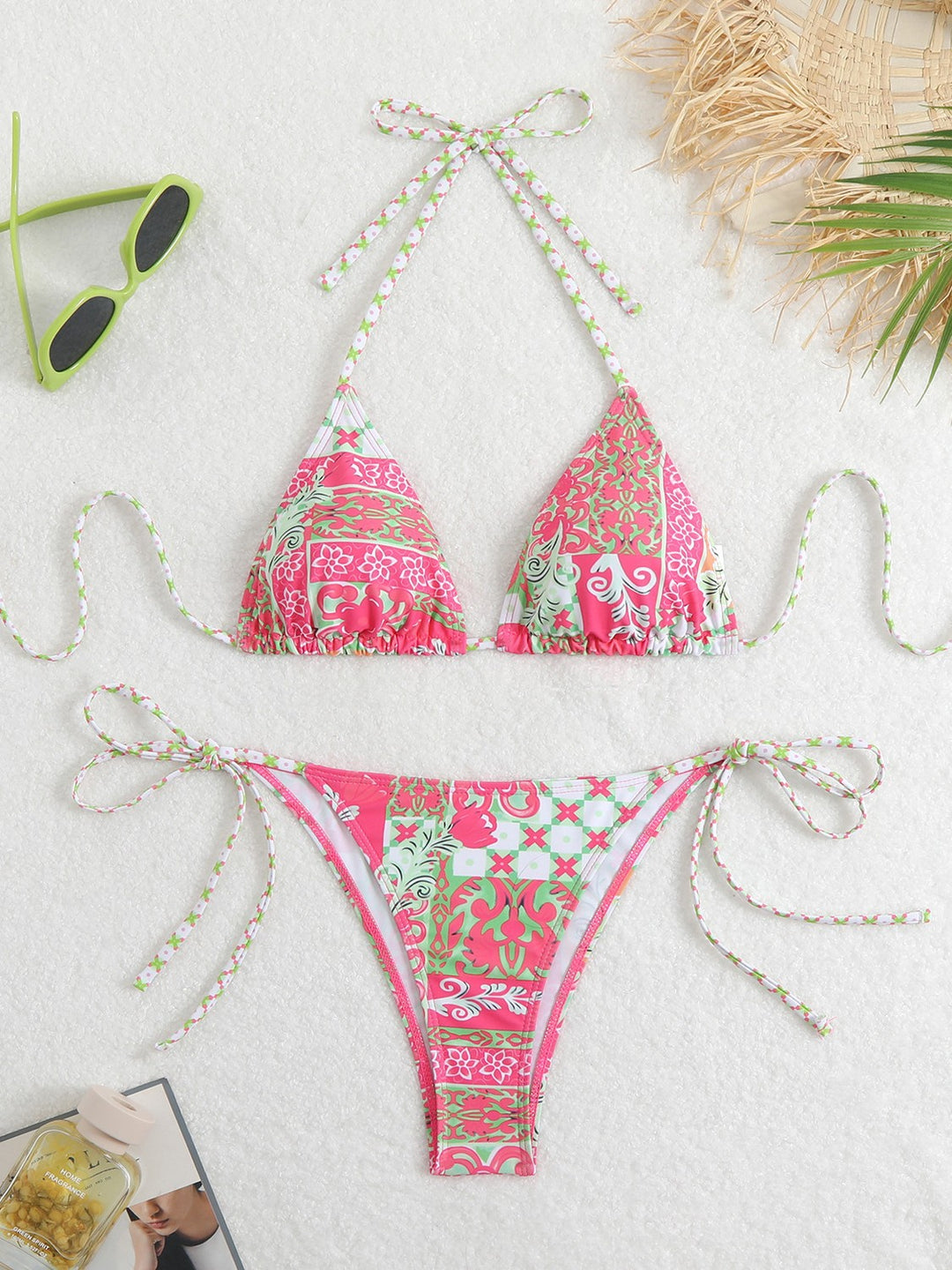 Damen Triangel-Bikini-Set mit verspieltem Blumenmuster und feinen Bindebändern Drune
