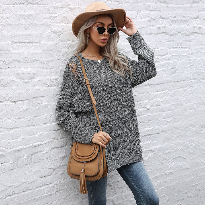 Damen Grobgestrickter Oversize-Pullover mit offenen Maschen, rohem Saum und Rundhalsausschnitt Drune
