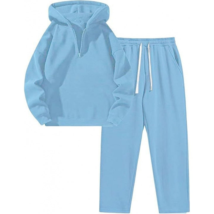 Damen nan Relax-Set mit kurzem Halbzip, übergroßer Kapuze und taillenhoher tapered Jogginghose Drune