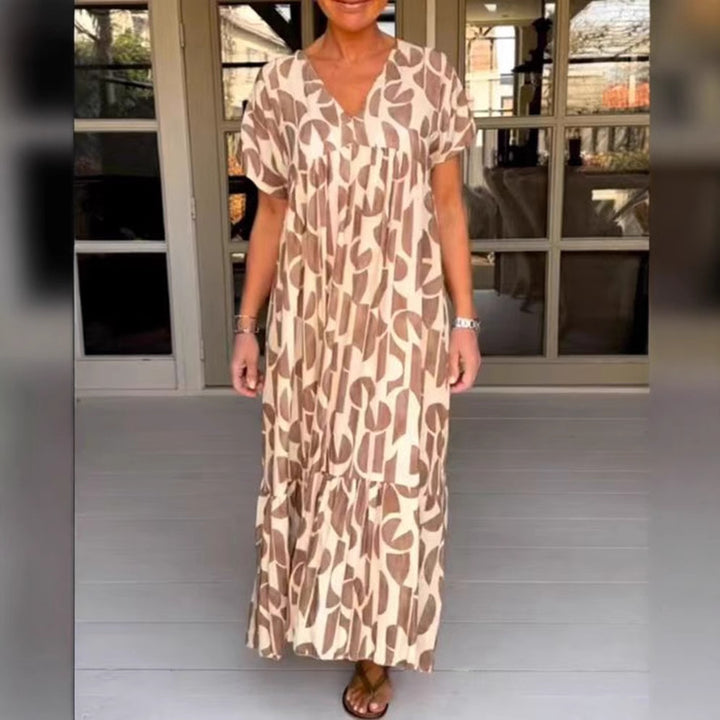 Damen nan voluminöses Maxikleid mit Unterbrustnaht, V-Ausschnitt, kurzen Kimonoärmeln und Stufenvolant Drune