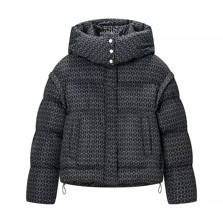 Damen nan kurze Boxy-Steppjacke mit grafischem Quiltmuster, großer Kapuze, verdeckter Druckknopfleiste und Tunnelzugsaum Drune
