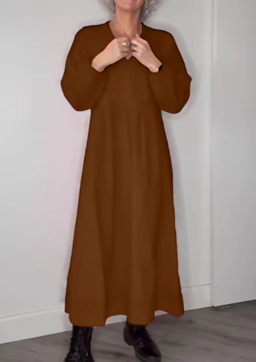 Damen Freizeit Viskose Maxi Kleid mit V-Ausschnitt, Taillennaht und Ballonärmeln Drune