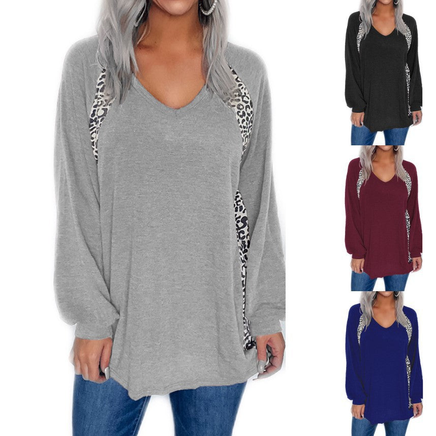 Damen Oversize V-Ausschnitt Langarm-Tunik mit Leo-Seiteneinsätzen und lässiger Silhouette Drune
