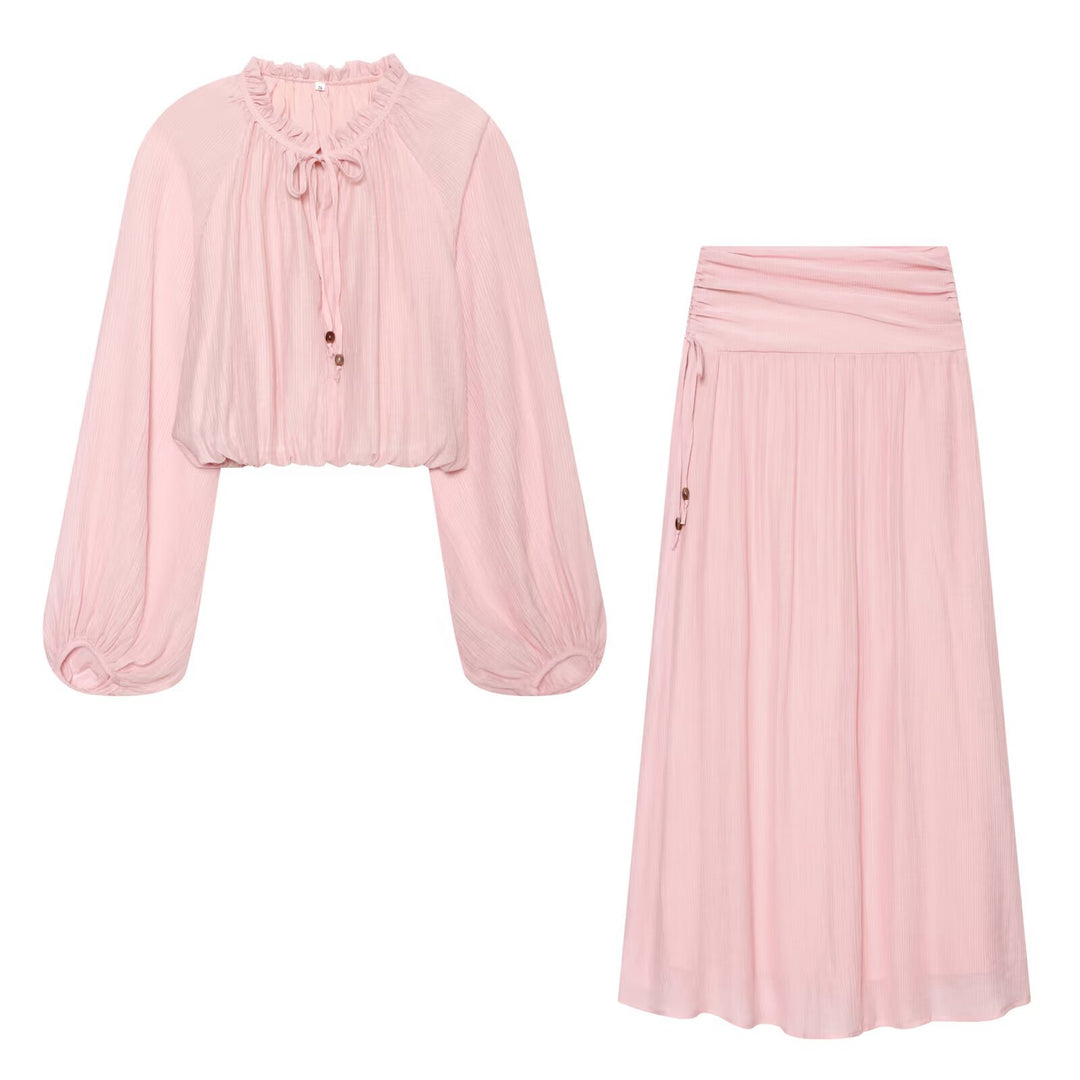 Damen Leichtes plissiertes Crop-Top mit Rüschenkragen und Kordelzug Drune