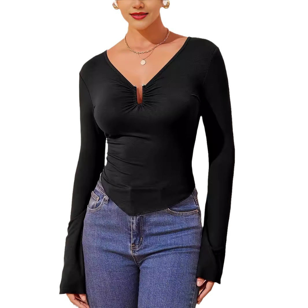 Damen nan tailliertes Langarmshirt mit gerafftem Schlitz-Ausschnitt und spitzem Zipfelsaum Drune