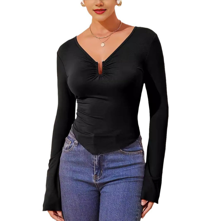 Damen nan tailliertes Langarmshirt mit gerafftem Schlitz-Ausschnitt und spitzem Zipfelsaum Drune