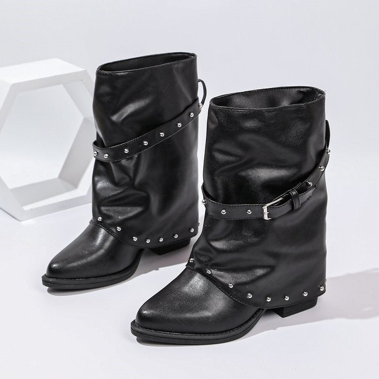 Damen Modische Boots mit Nieten und Gürteldetails Drune