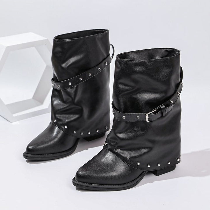 Damen Modische Boots mit Nieten und Gürteldetails Drune